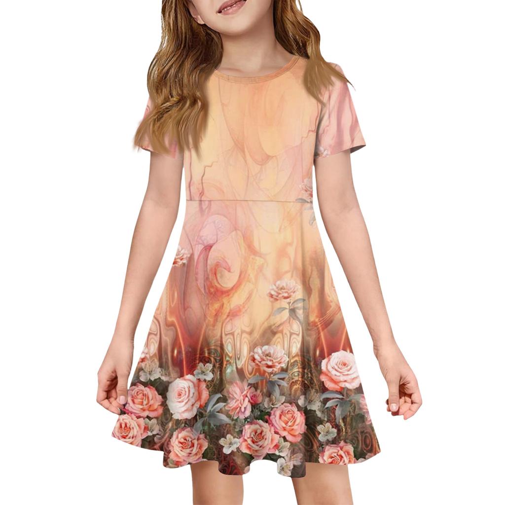 Vestito Estivo Ragazza Colore & Stampa Manica Corta Con Tasca Vestito Casual Manica Corta Vestito da Festa Giorno di Pasqua