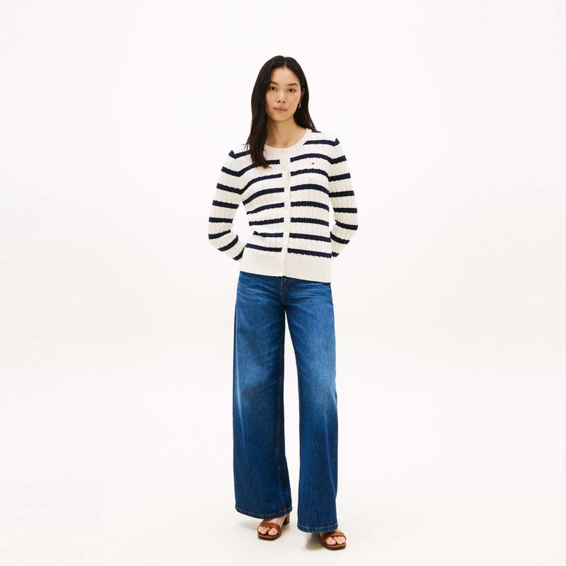 Tommy Hilfiger Cotton Casual Commuter Cable Knit Striped Round Neck Cardigan Women cardigans WW0WW49714