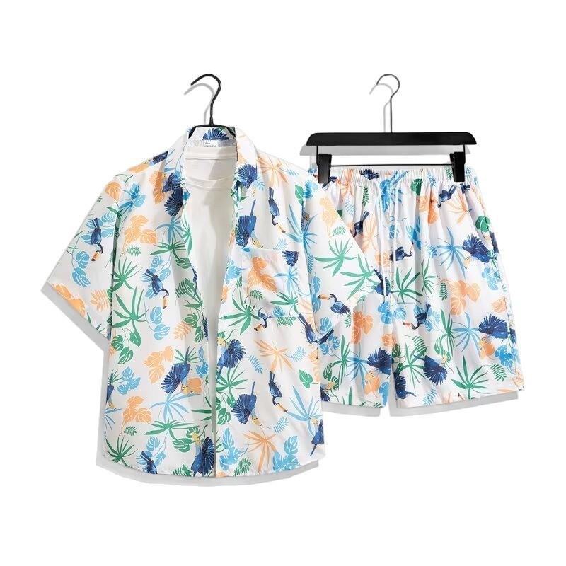 Men's Hawaiian Print Short-Sleeved Shirt and Shorts - Trendy, Loose-Fit, Plus-Size Beachwear, Summer Hong Kong Style
