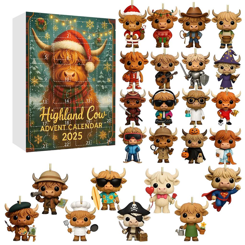 Cow Style Highland Christmas Countdown Calendar Blind Box Acrylic Pendant Decor