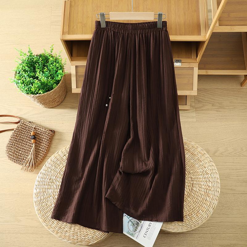 DIMANAF Plus Size 2026 Women Linen Pants Elastic Waist Vintage Basic Lady Solid Lace Wide Leg Long Pants Oversize Loose Tencel