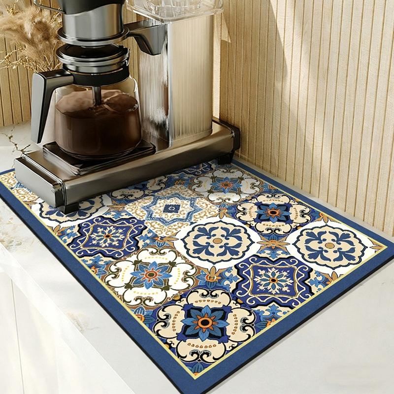 Printed Dish Drying Mat Super Absorbent Coffee Drain Pad Tableware Draining Pad Quick Dry Rug Kitchen Dinnerware Placemat Set