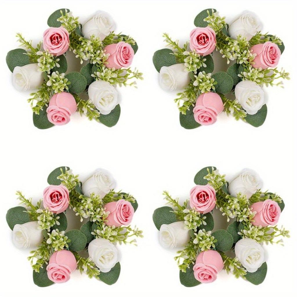4pcs Artificial Roses Flowers Candle Holders, Candle Rings Wreaths, Wedding Centerpieces for Tables Wreath for Front Door Weddings Party Decor