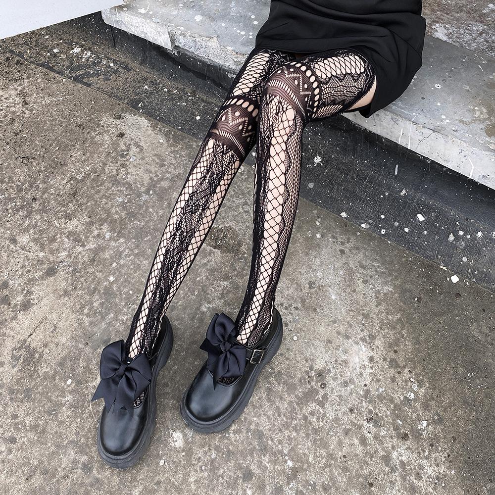Fishnet Stockings with Holes, Trendy Black Stockings, Summer Thin Style, Japanese Retro Pattern, Over-the-knee Long Stockings for Women