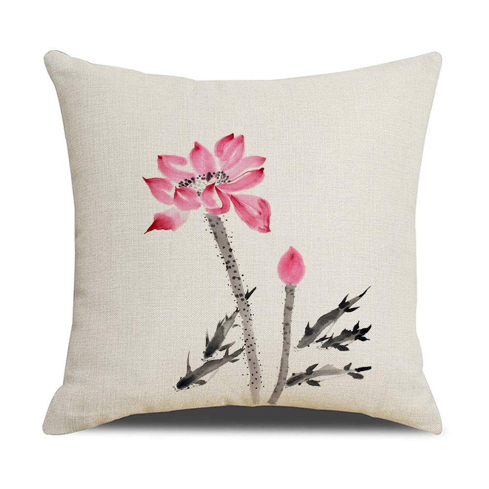 Chinese Style Series Ink Flower and Grass Print Pillow Linen Print New Chinese Style Home Sofa Pillow Living Room Bedroom