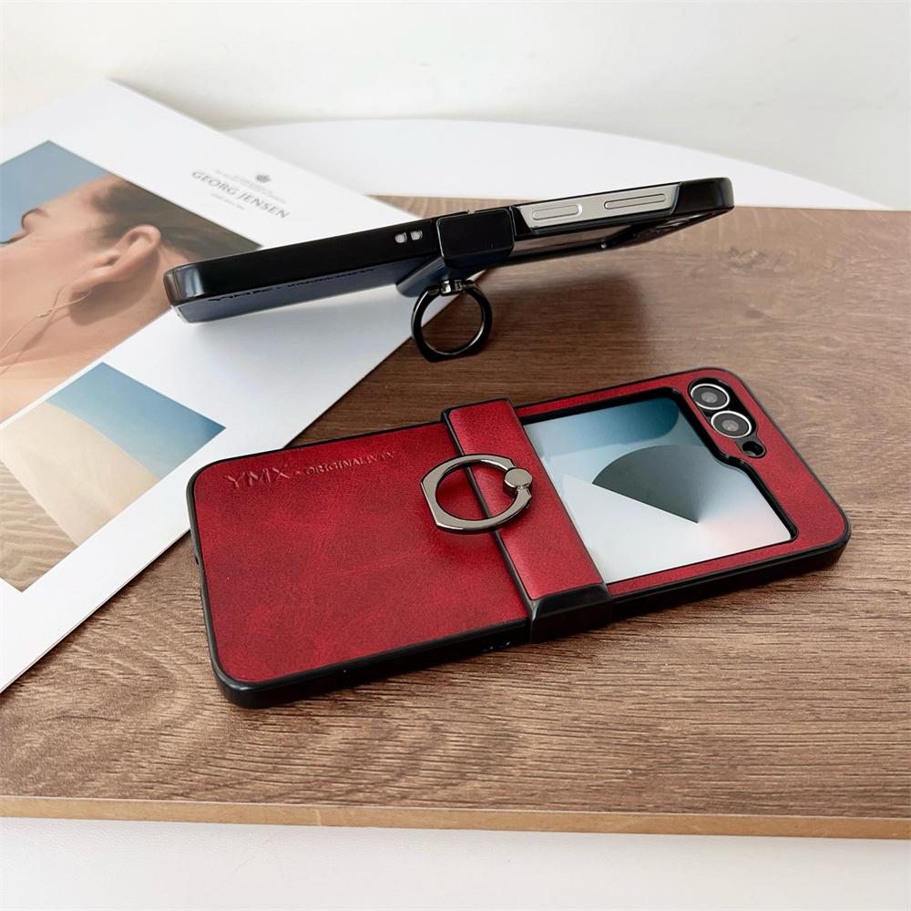 For Samsung Z Flip 7 FE Leather Finger Ring Bracket Phone Case for Galaxy Z Flip 7 6 5 4 3 3in1 Hinge Protection Cover
