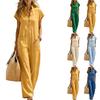 Women's Casual Short Sleeve Jumpsuit with Double Pockets Button Front Linen Blend Wide Leg Romper