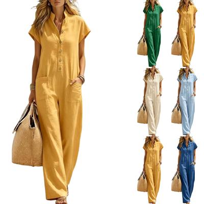 Casual Jumpsuit met Korte Mouwen voor Dames met Dubbele Zakken Knopen aan de Voorkant Linnenmix Wijde Pijpen Romper