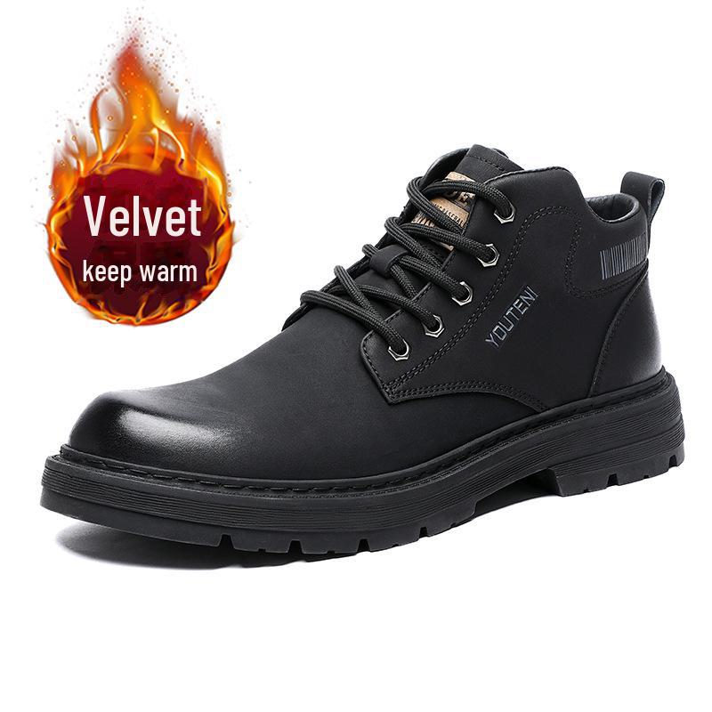 Men's High-Top Leather Martin Boots, 2024 Autumn/Winter, Plus Velvet, Warm Mid-Top Work Boots