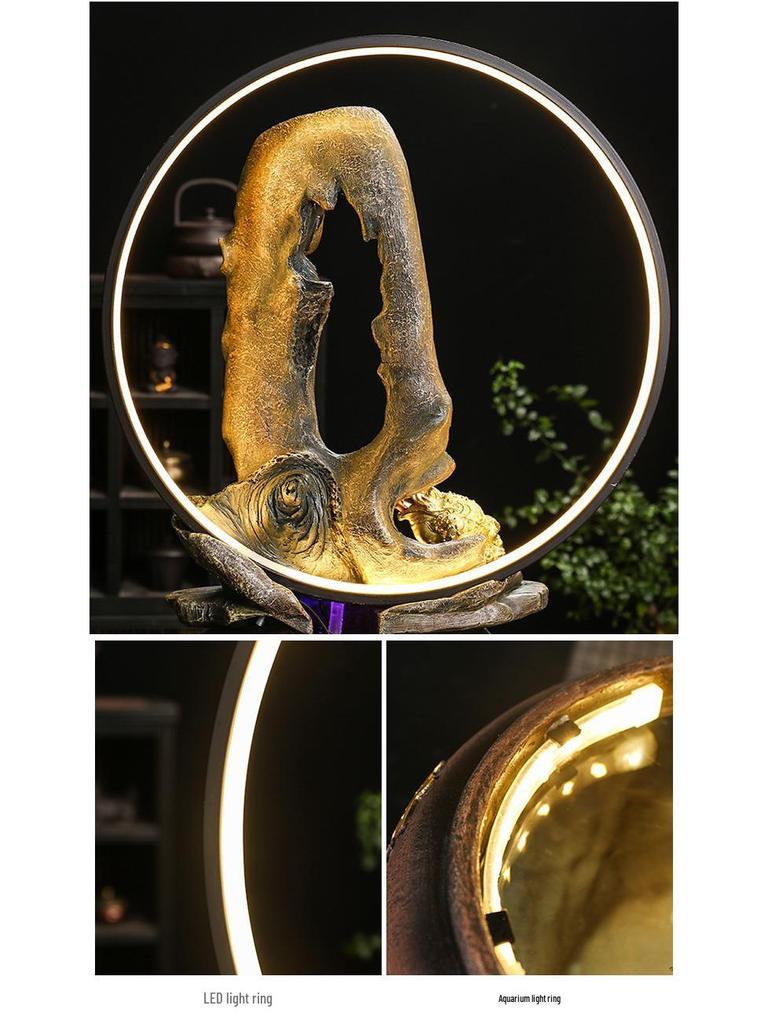 Zen Guanyin Buddha Statue with Golden Cicada Lamp and Flowing Water Fish Tank for Home Entrances.