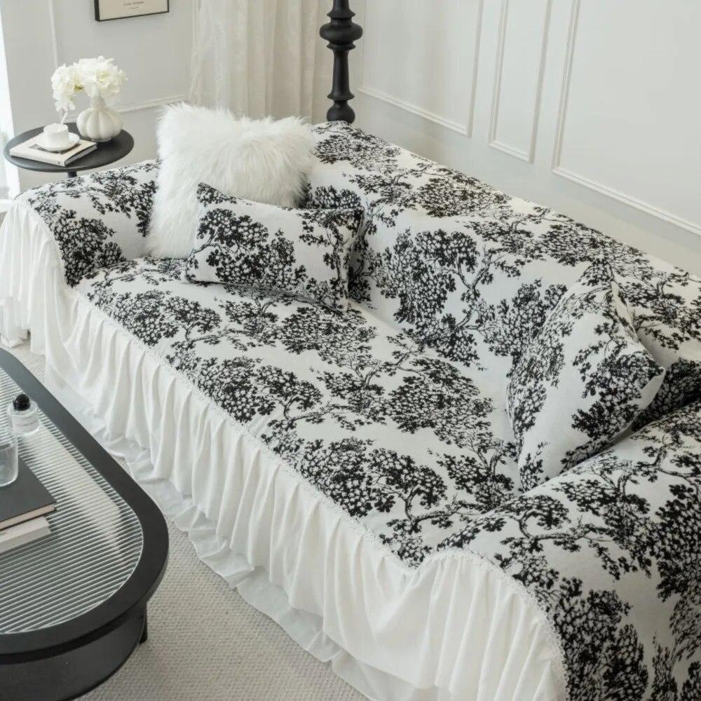 Two-seat Sofa Towel Lace Ruffles Sofa Cover Jacquard Chenille Slipcover for L Shaped Couch Armchair Loveseat Furniture Protector