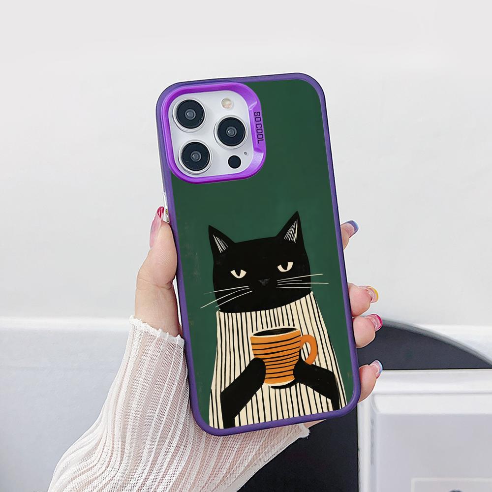 Cute Coffee Cat Purple Translucent Mobile Phone Case for iPhone 17 16 15 14 13 12 11 X XR XS Air Pro Max Plus Colorful Cover