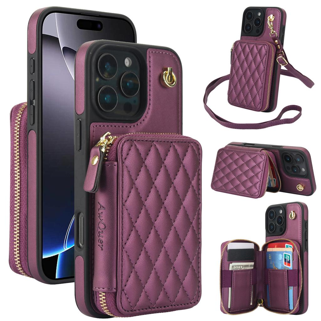 Quilted Zipper Wallet Phone Case For IPhone 15/14/13/12 - 7 Colors Leather Card Holder Cover