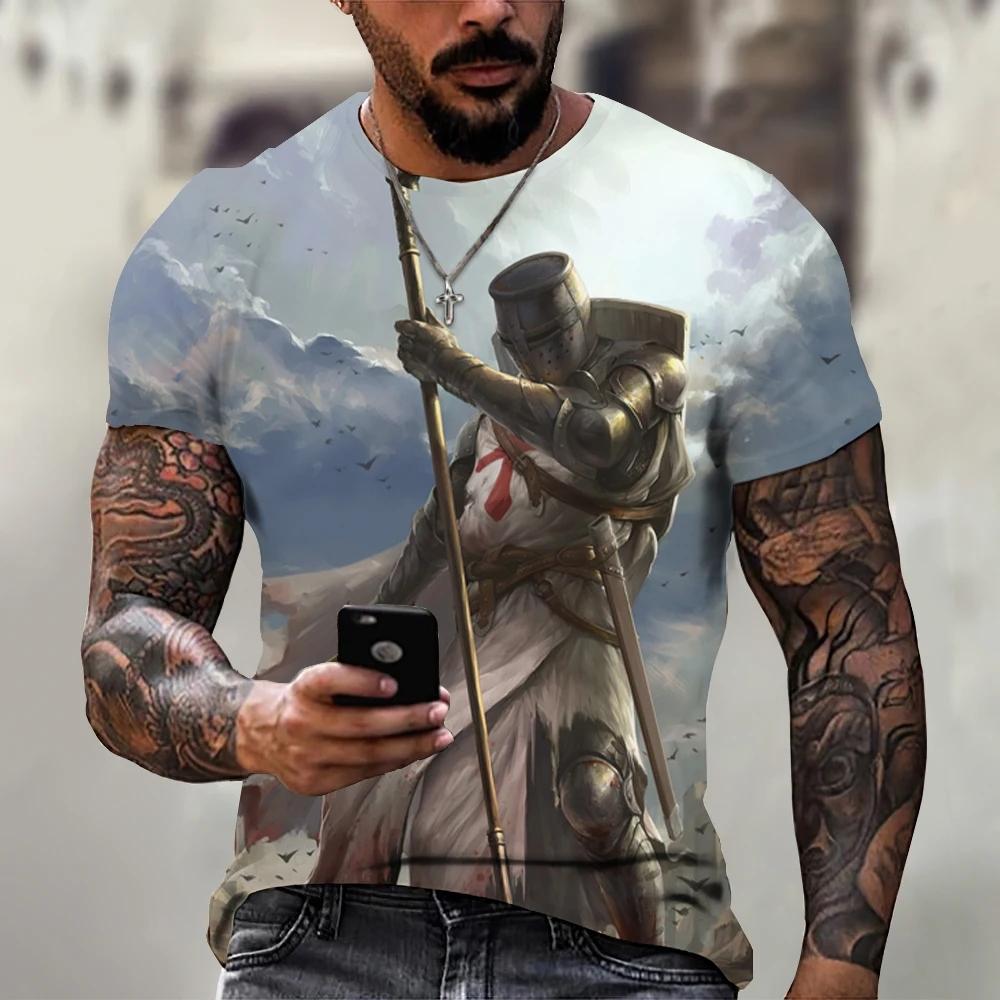 Summer Round Neck 3D Templar Knight Pattern Printed Top Fashionable Casual Short Sleeved Men's T-shirts