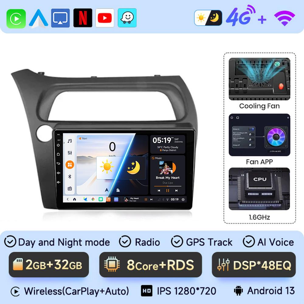 JIUYIN For Honda Civic Hatchback 2006-2011 Android 13 Car Radio Multimedia Video Navigation 2 Din Stereo DVD Head Unit  Carplay