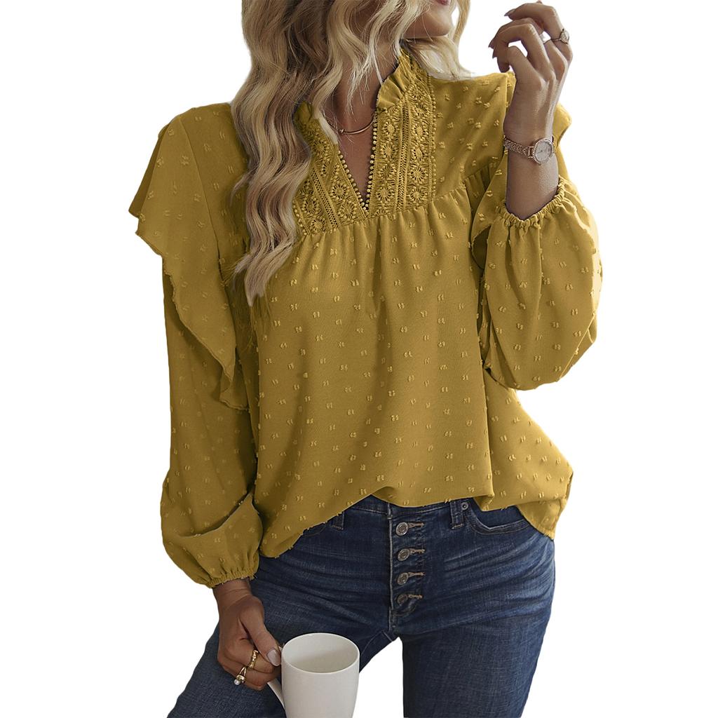 Women's V,Neck Lace Patchwork Blouse With Ruffled Sleeves