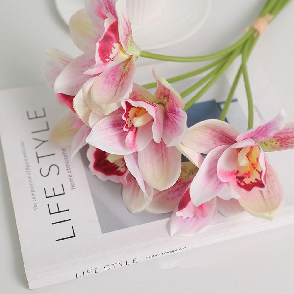 6pcs Real Touch Artificial Cymbidium Flowers Realistic Magnolia Branches  Wedding Party Decor