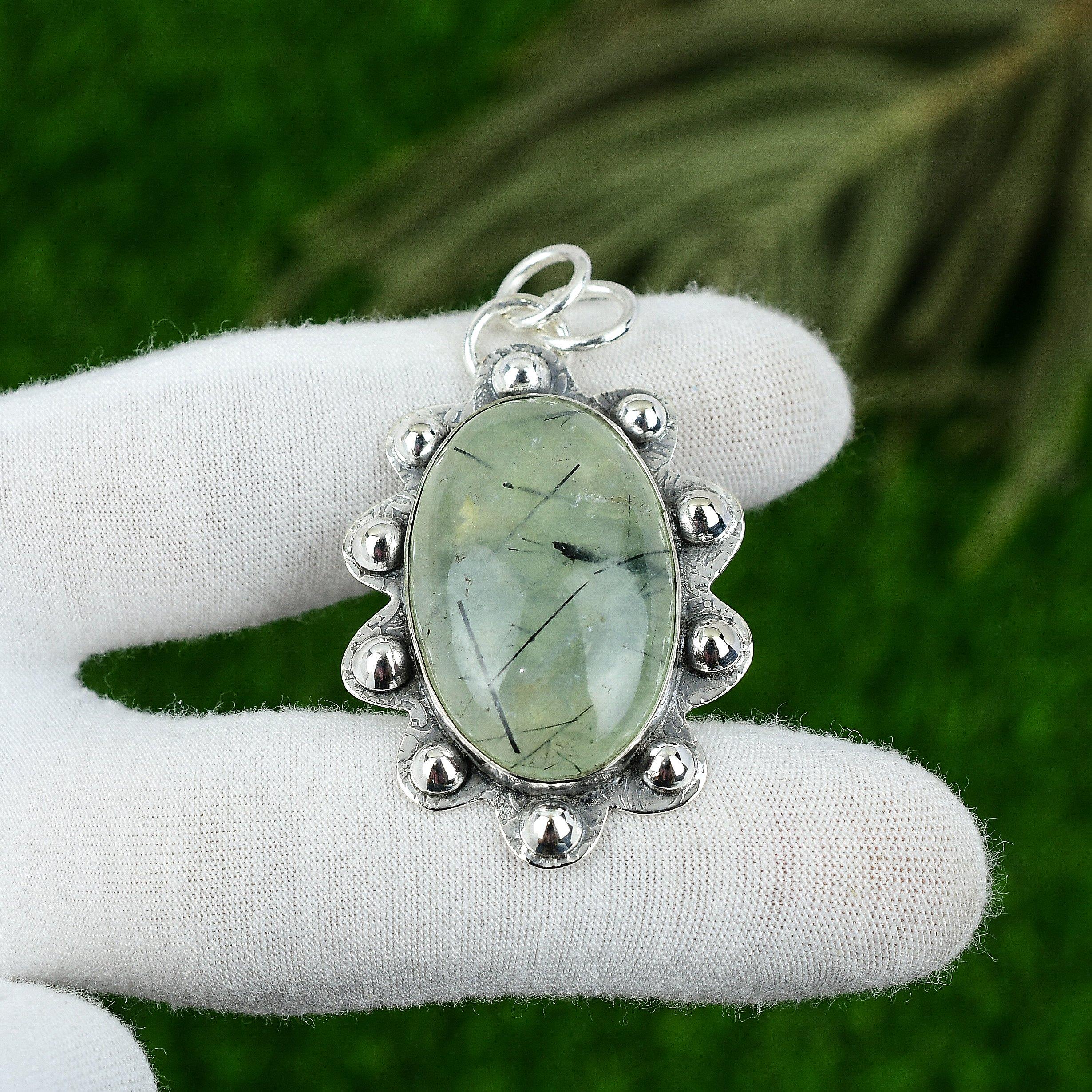 

Natural Moss Prehnite Gemstone Pendant 925 Sterling Silver Indian Jewelry