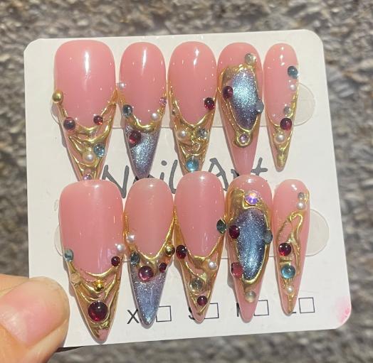 10Pcs Leopard Print Long Stiletto False Nails Full Cover Butterfly Flower Decor Press On Nails
