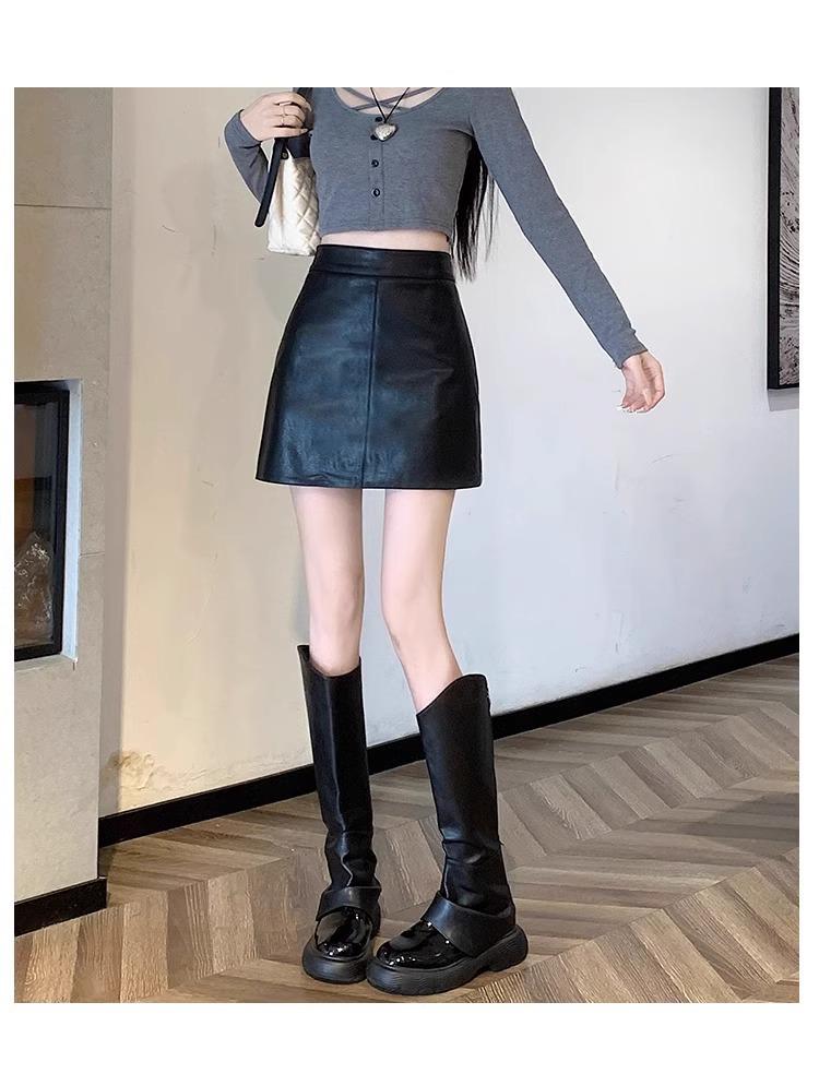 Women's High-Waist Black PU Leather A-Line Skirt – Autumn/Winter 2023, Korean Style, Slim Fit, Anti-Exposure, Short Length