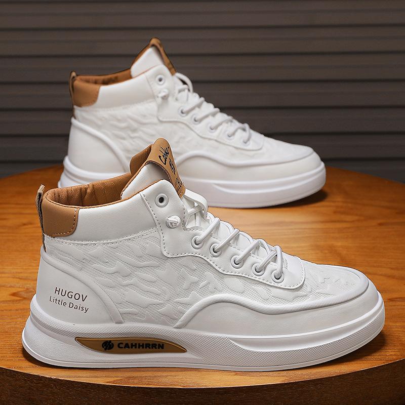 High-Top Autumn Men'S Sports Shoes Solid Color Leather Fashion Lace-Up Free Foot Cover Casual Work Board Shoes Men'S Shoes