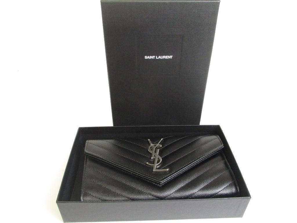 Authentic Saint Laurent YSL Silver YSL Motif Black Leather Long Flap Wallet #a875  Refurbished