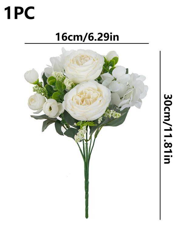White Green Artificial Flower Bouquet, Fake Silk Roses & Peony with Eucalyptus for Home Wedding Decor