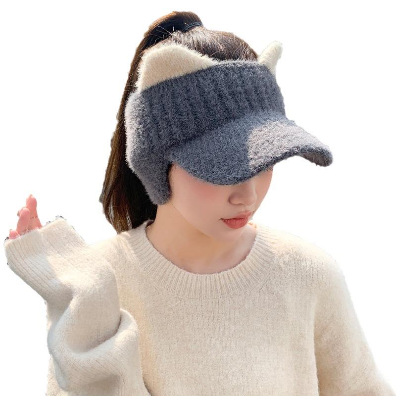 Women's New Style of Autumn and Winter Thickened Ear Protection and Cold-proof Knitted Wool Hat Warm Empty Top Plush Baseball Cap