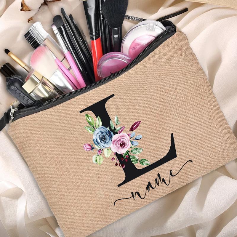 Linen Makeup Bag Customized Personalized Name Cosmetic Bag Bridesmaid Clutch Outdoor Travel Beauty  Bachelor Party Lipstick Bag
