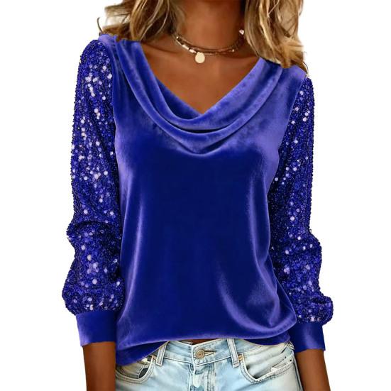 Women Tops Piled Collar Sequined Long Sleeves Velvet Texture Blouse Solid Color