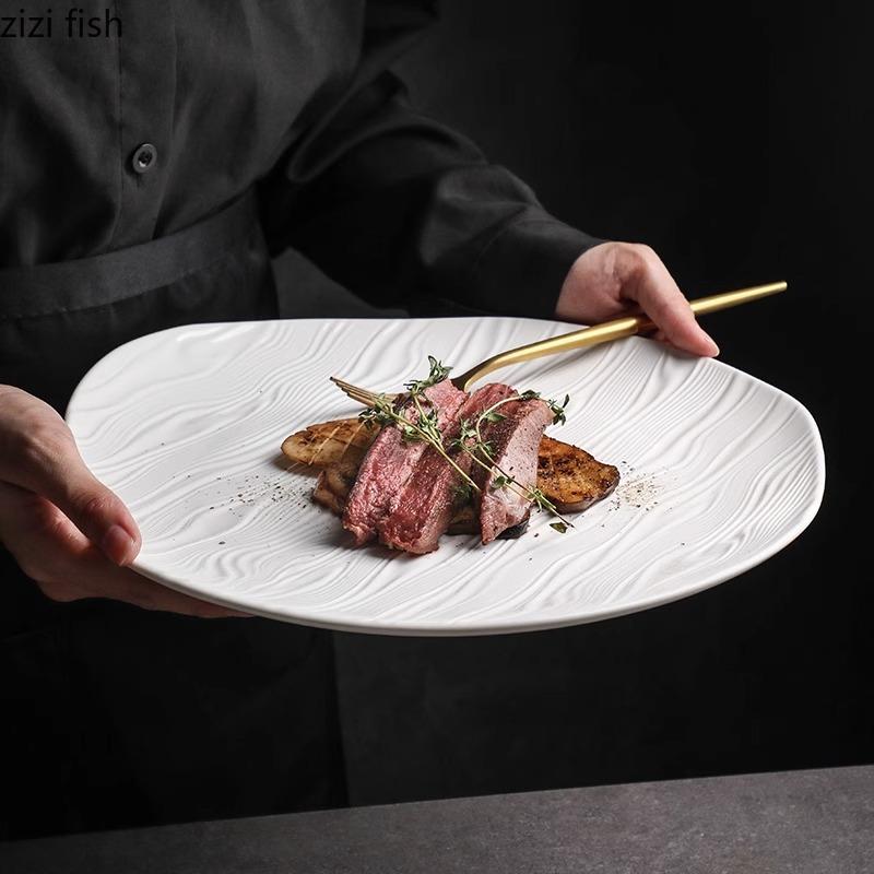 Water Ripple Ceramic Shallow Plate Pure White Irregular Salad Plate Steak Plate Dessert Plates Restaurant Creative Tableware