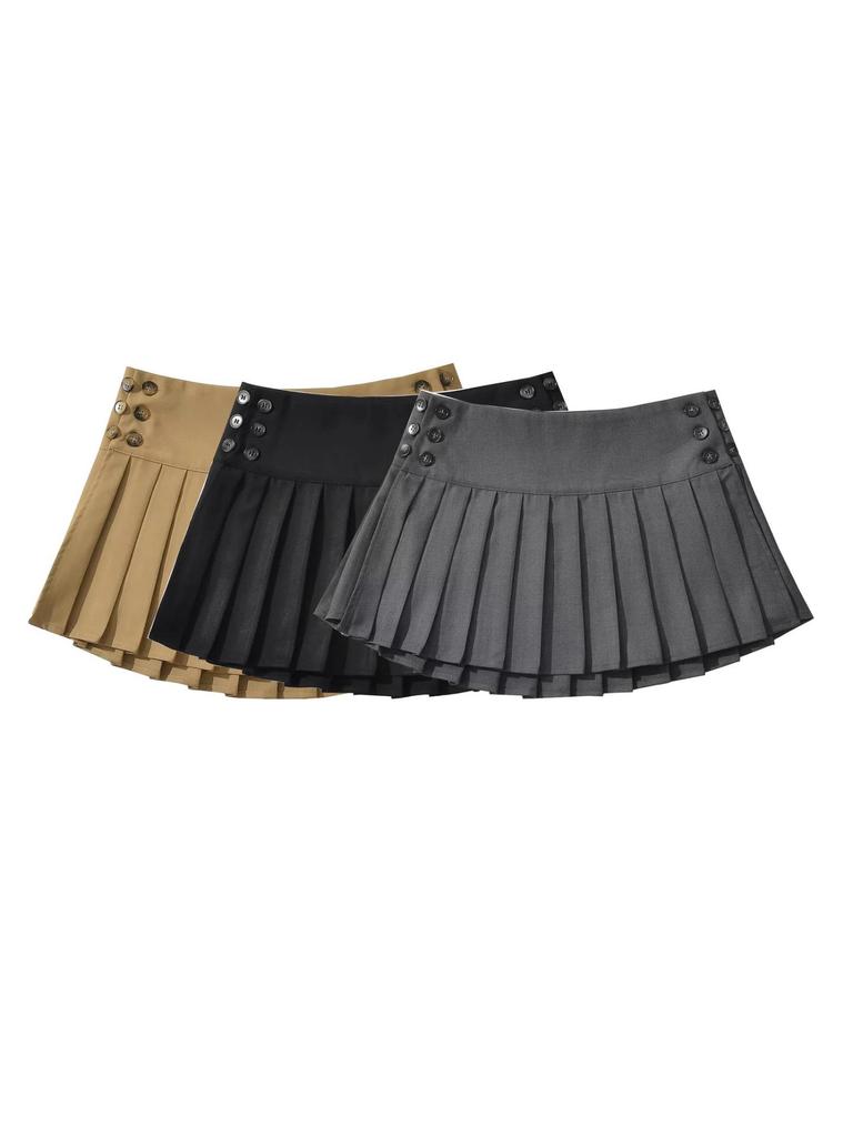 Autumn Chic: Retro A-Line Pleated Mini Skirt with Adjustable Buttons