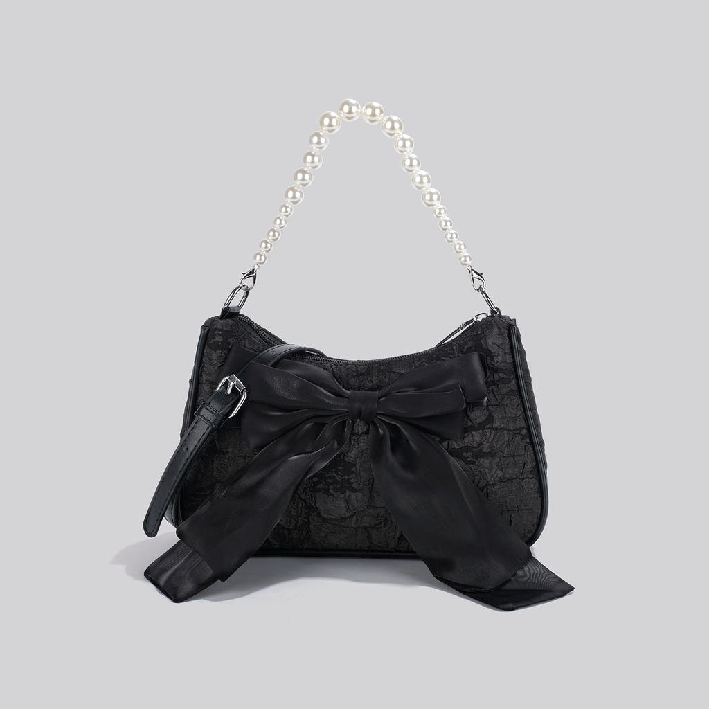 Women's Pearl Chain Handbag Fashion Light Luxury Texture Fairy Bow Crossbody Bag  Trend Soft Shoulder Underarm Pack Female