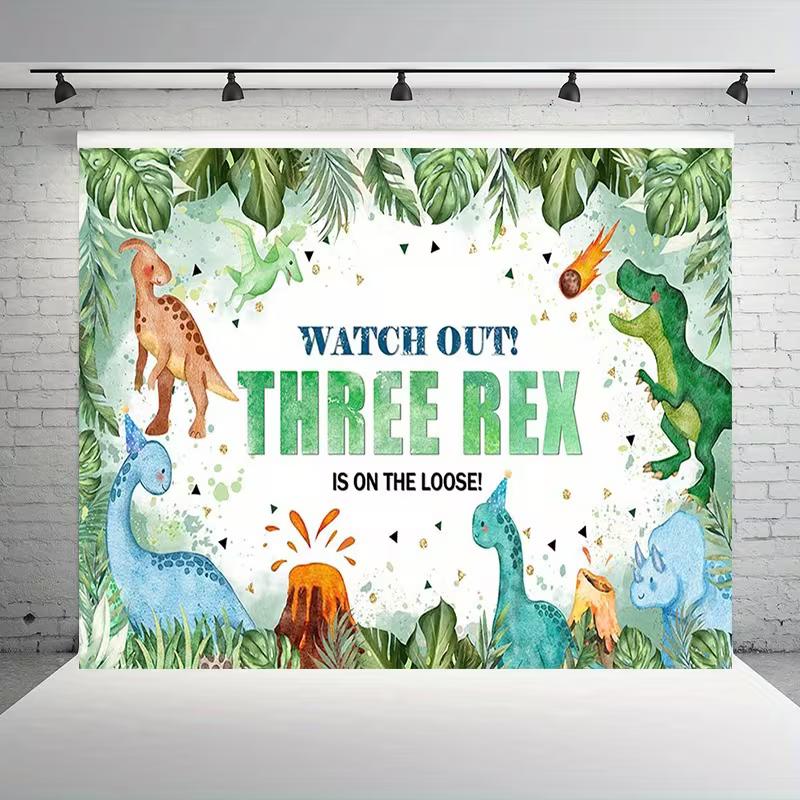 2D Flat Watercolor Jungle Dinosaur Backdrop for Boy's Third Birthday Decoration
