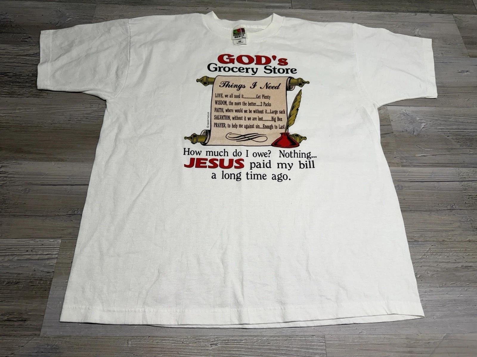

Vintage Jesus Christian Funny T-Shirt God s Grocery Store Love Faith Mens Sz XL S