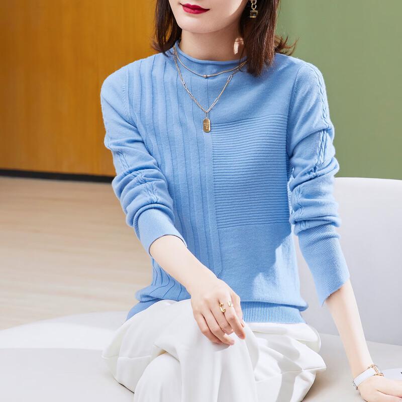 TUHUANG Women's Pure Wool Half-High Collar Ribbed Knit Sweater