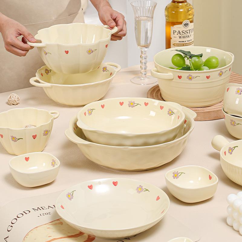 Keramická jídelní sada Cream Wisteria: Rýžová miska, Polévková miska, Kulaté a Hluboké talíře