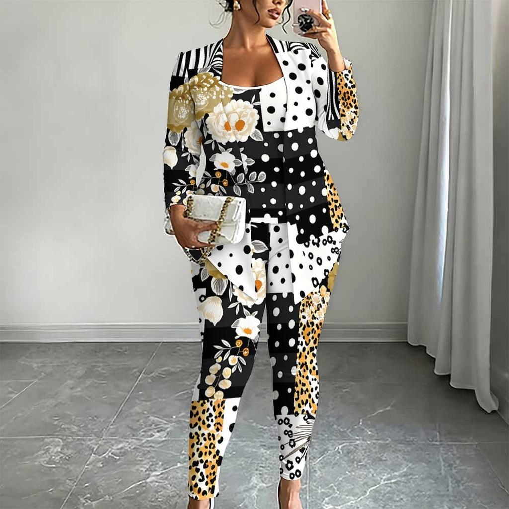 Plus Size Floral Print 3 Piece Outfit, Long Sleeve Open Front Cardigan Cami Top Leggings Set for Women
