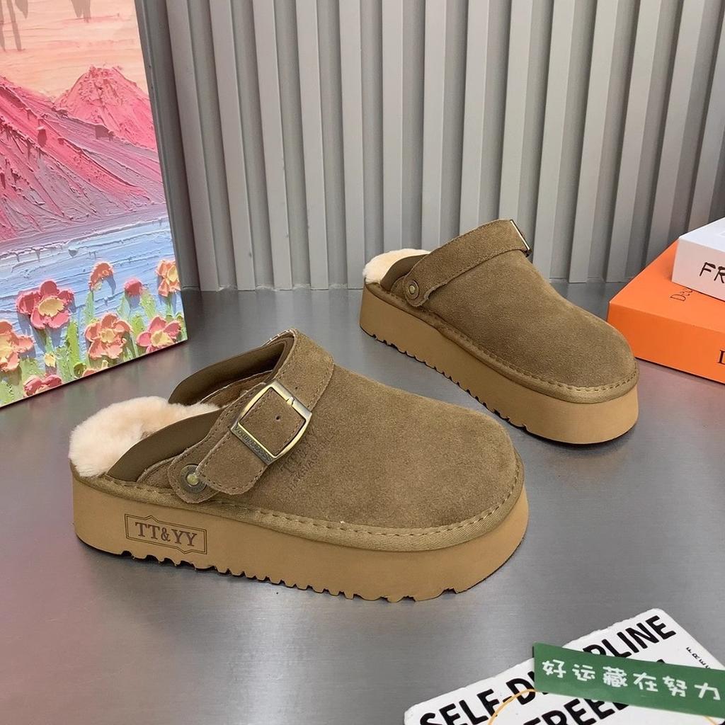 European Matte Leather Fashion Boken Shoes Lamb Wool Slippers Women's 2024 New Autumn Thick-soled Bag Head Half Slippers