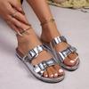 Fashion Fashion Silver Pu Metal Buckle Decoration Slip On Sandals Flat Heel Slides Women 2025 Summer Luxury Glitter Soft Sole Slippers