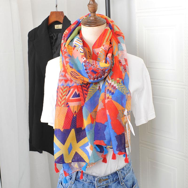 Ethnic Style Blue and White Porcelain Cotton and Linen Scarf, Women's Artistic Shawl, Travel Sunscreen Scarf, Office Shawl