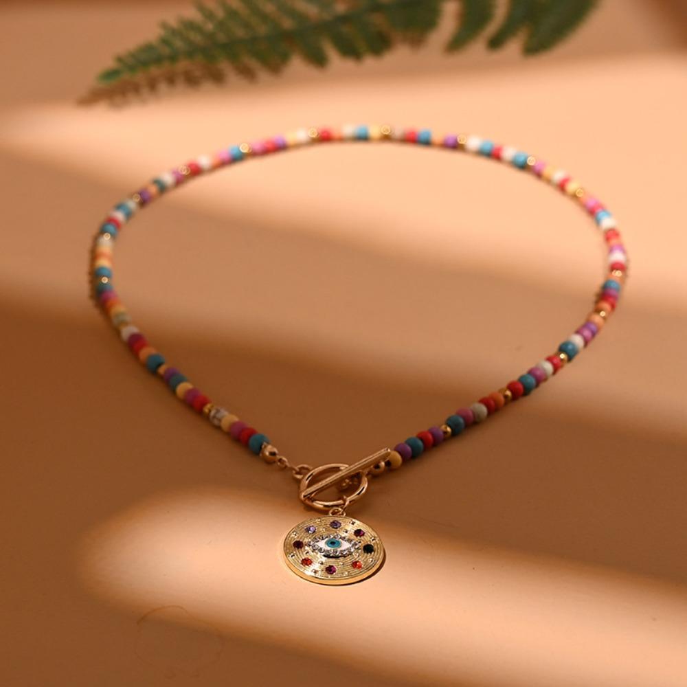 

Boho Style Evil Eye Charm Pendant Blue Eye Beads Chain Necklace Colorful Stone Choker Women Girls Colorful