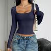 Spring Autumn Square Collar Solid Color Slim T-shirt Women Long Sleeve Y2K Elastic Bottomed Tee Pullover Top