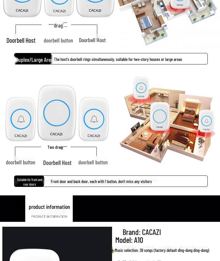 Katia A10 Black Long-Range Wireless Music Doorbell & Elderly Pager