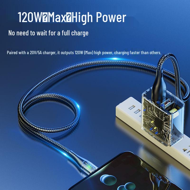 Transparent 120W Dual Type-C Fast Charging Cable for Apple 15, Huawei Honor 6A, PD