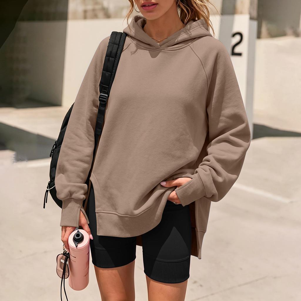 Women's Color Long Sleeve Hoodie with Raglan Sleeves and Split Hem