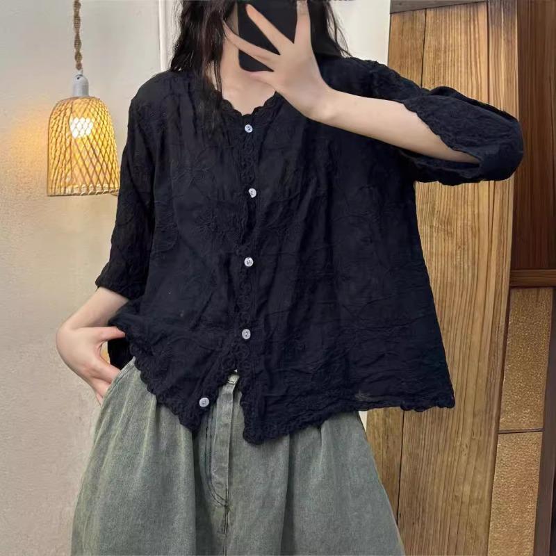 Damen Baumwollhemden Sommer Mori Girl Stil Stickerei Locker V-Ausschnitt Kragen Einreihig Oberteile Wild