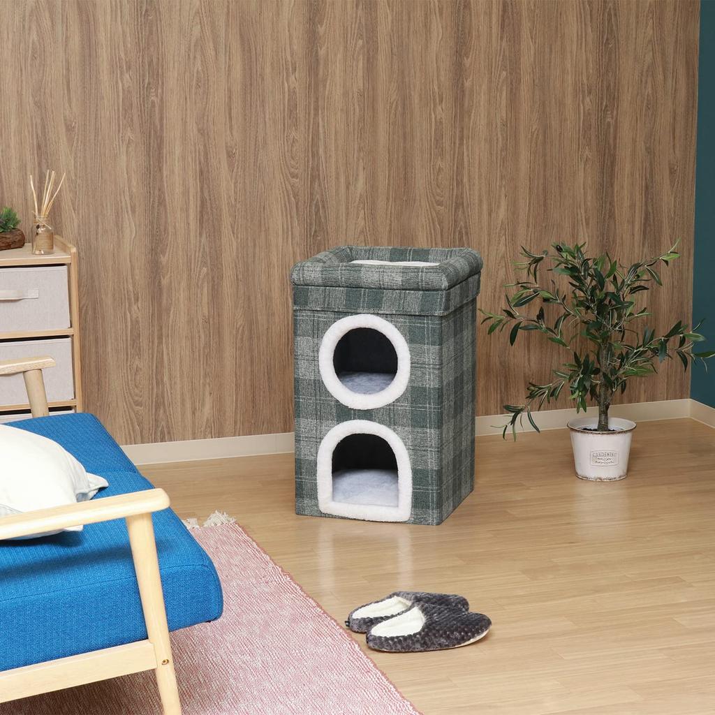 Fujiboeki Pet House/Pet Bed, 2-Room, 40cm Wide X 40cm Deep X 65cm High, Gray, Checkered Pattern, for Dogs and Cats, with Roof Bed, 53720, Small