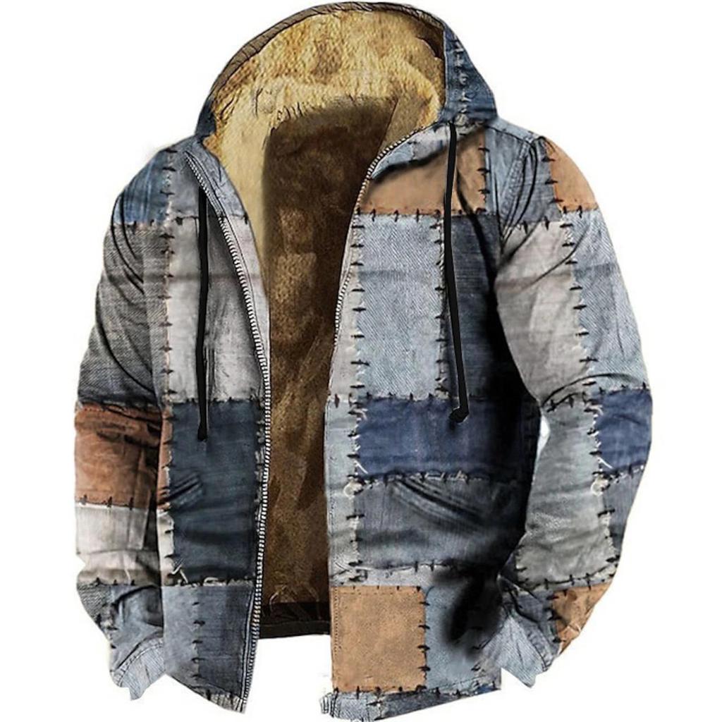 Veste d'hiver rétro pour homme en coton doublée polaire avec capuche et fermeture éclair