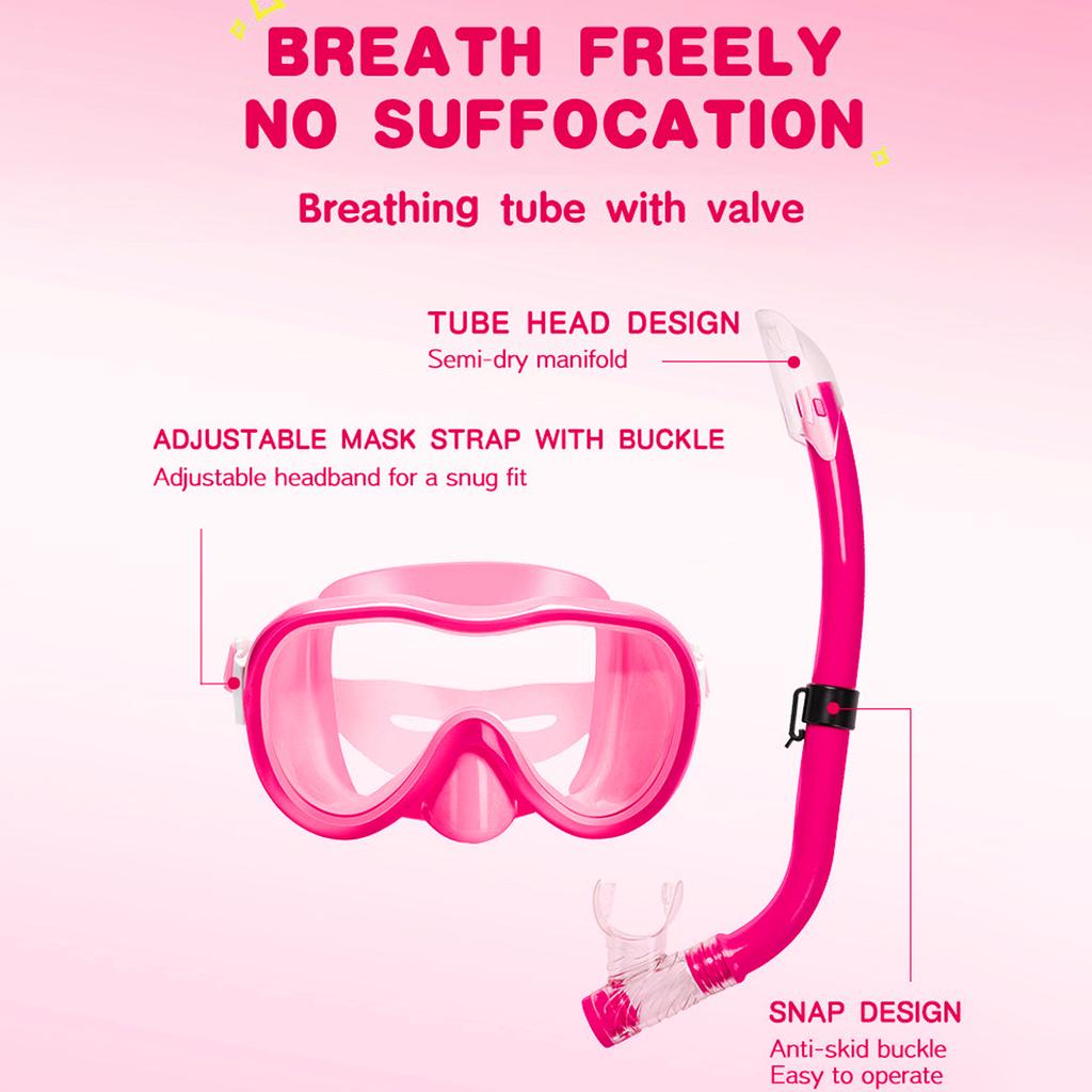 SchnorcheSet für Erwachsene Kinder Trockenschnorchel Maske Anti-Beschlag Linse Weiche Silikondichtung Verstellbarer Riemen Unterwasser Schwimmausrüstung Pink Eine Größe